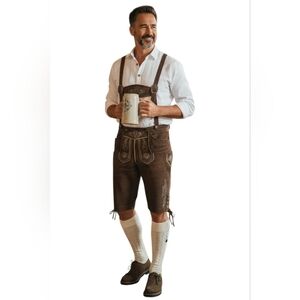Men's Octoberfest Embroidered Brown Lederhosen (No Shirt) w/ Suspenders S NWT